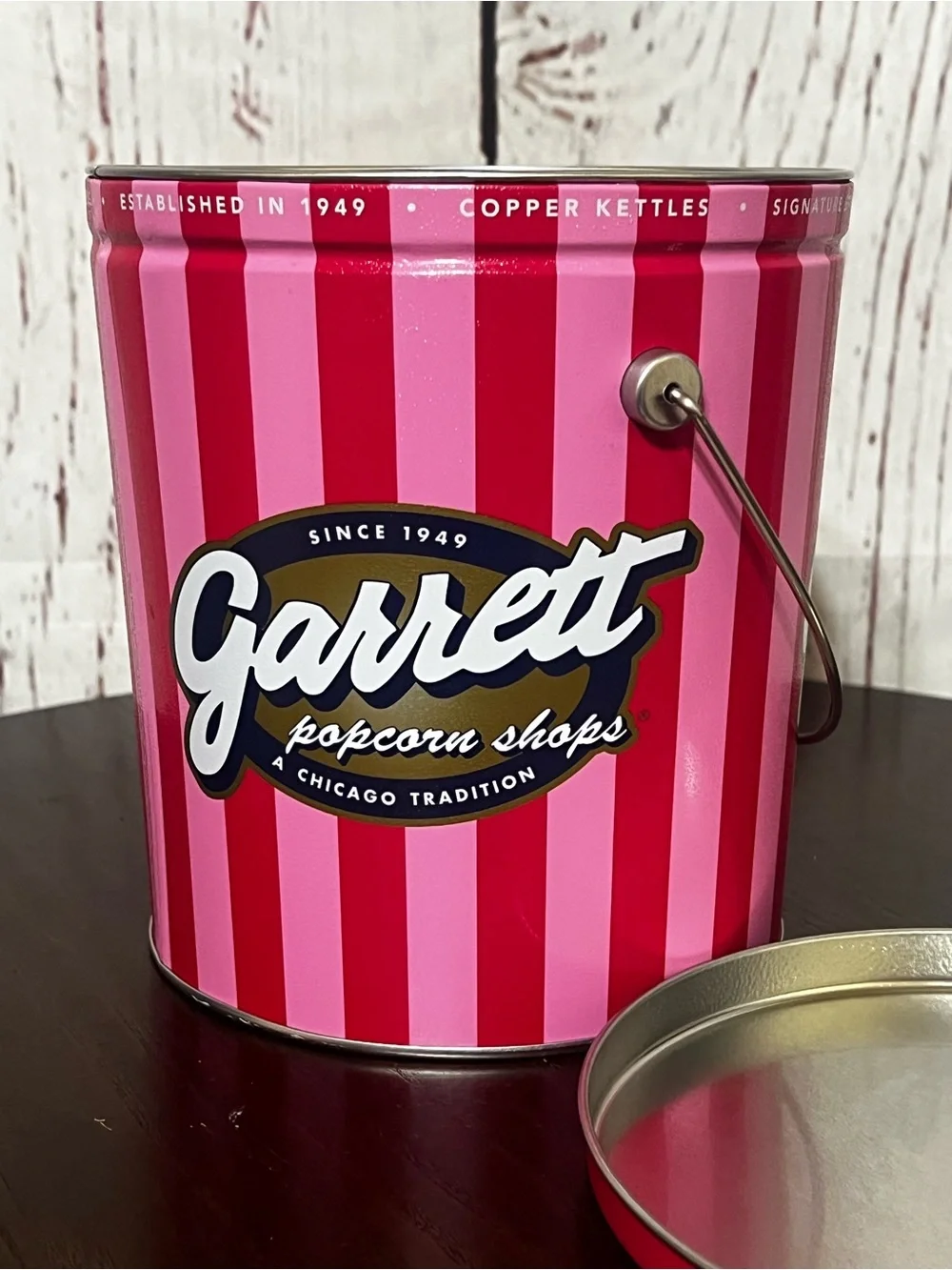 Garrett Popcorn Shops Pink & Red Striped Tin Bucket